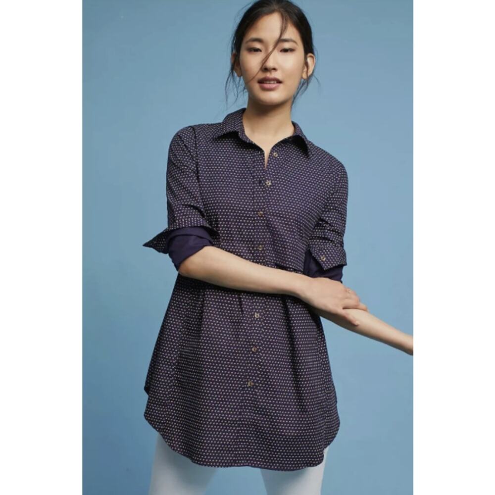 Maeve Anthropologie Aled Dotted Long Sleeve Button Up Shirt Tunic Top Navy Sz S
